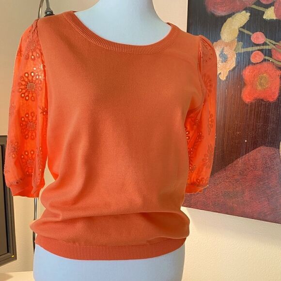 NEW NANETTE LEPORE CORAL LIGHTWEIGHT EYELET SHORT SLEEVE SWEATER S - Picture 3 of 15